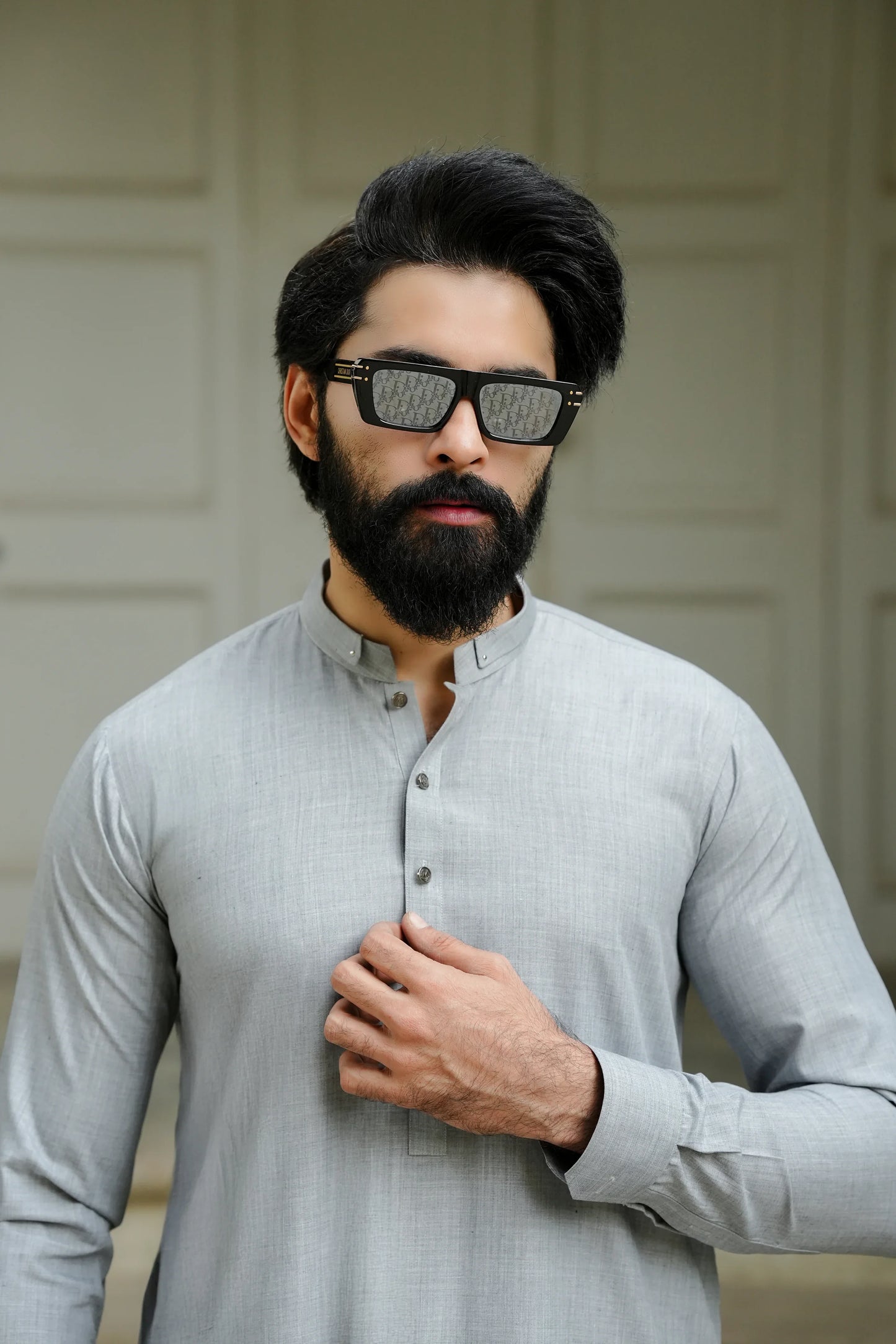 Grey Blended Kameez Shalwar-Closeup-Wear Manzar