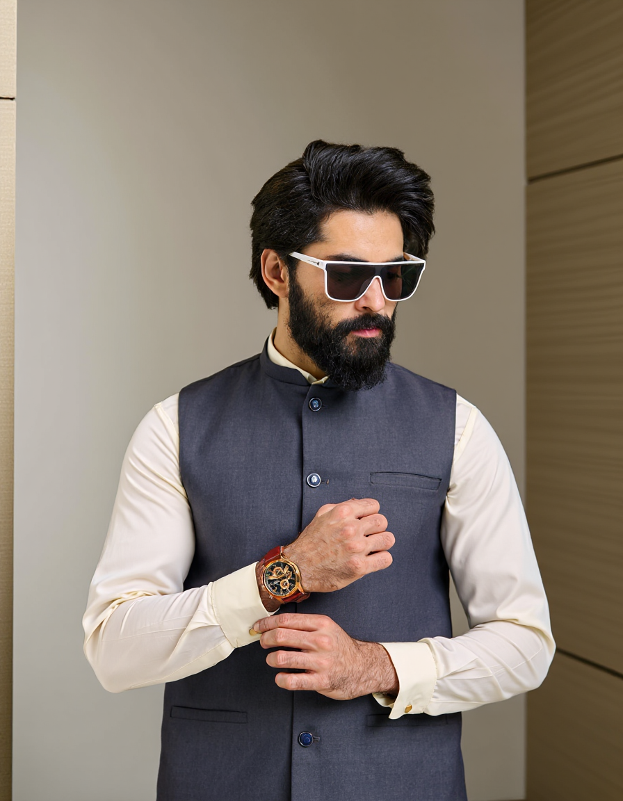 Navy Blue Waistcoat For Shalwar Kameez