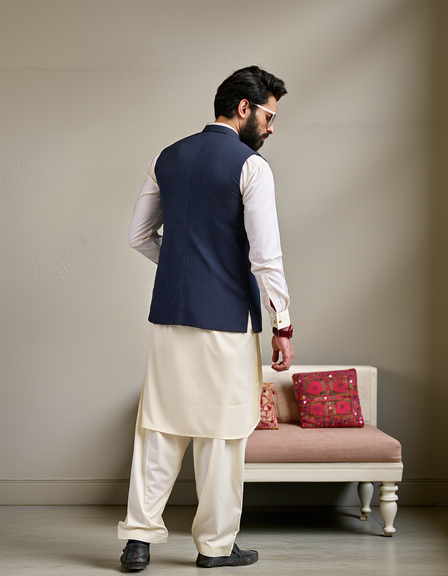 Navy Blue Waistcoat For Shalwar Kameez
