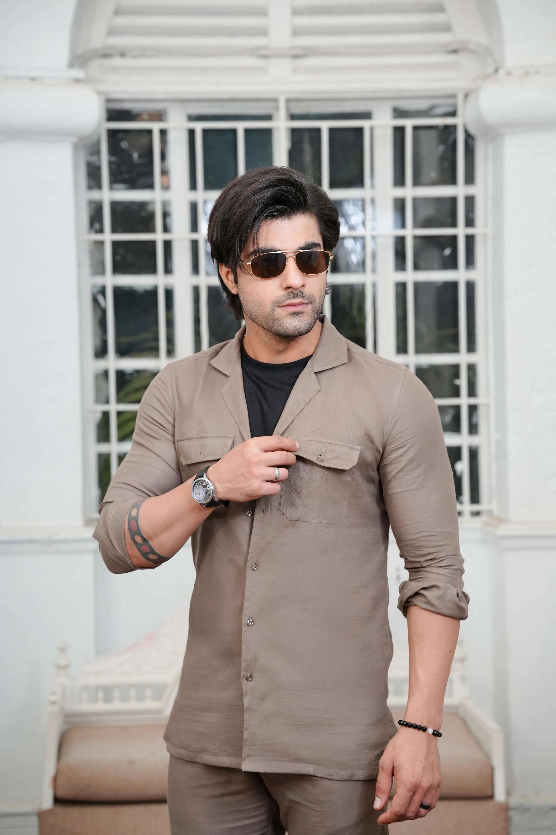 Brown linen shirt with trouser-Closeup-Wear Manzar