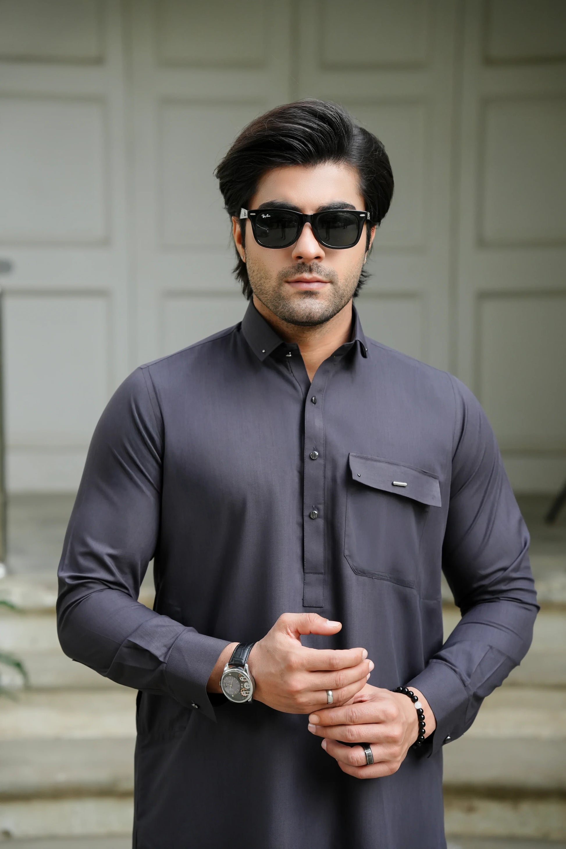 Black Charcoal Blended Kameez Shalwar-Closeup-Wear Manzar