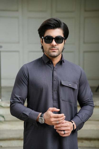 Black Charcoal Blended Kameez Shalwar-Closeup-Wear Manzar