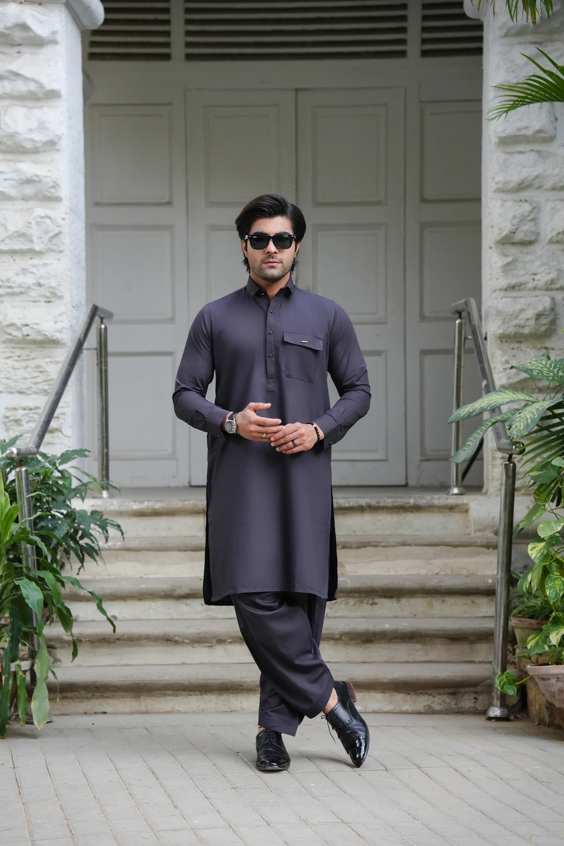 Black Charcoal Blended Kameez Shalwar-Cover-Wear Manzar